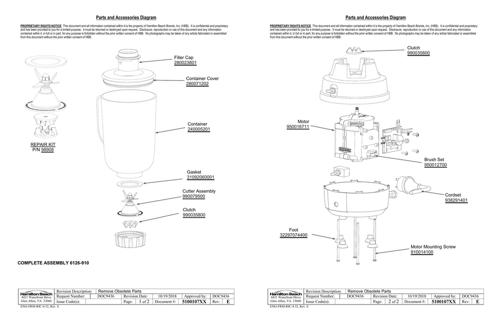 Diagram Diagram and Parts List for 910  Hamilton Beach Blender